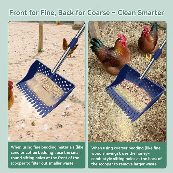 12" 2-in-1 Chicken Poop Scooper & Rake, 3-Shape Sifting Holes Chicken Coop Rake, Stainless Steel Handle (20–61") - Litter Scooper & Sand Sifting Shovel (U.S. Patent No. D1124534) - Blue