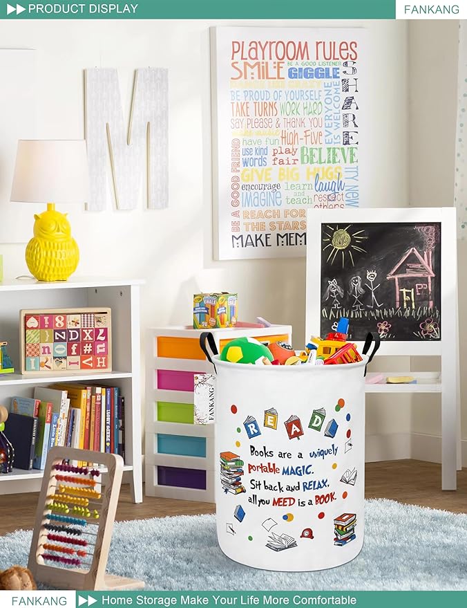 Storage Basket, Nursery Hamper Canvas Laundry Basket Foldable with Waterproof PE Coating Large Storage Baskets for Kids Boys and Girls, Office, Bedroom, Clothes,Toys(Reading)
