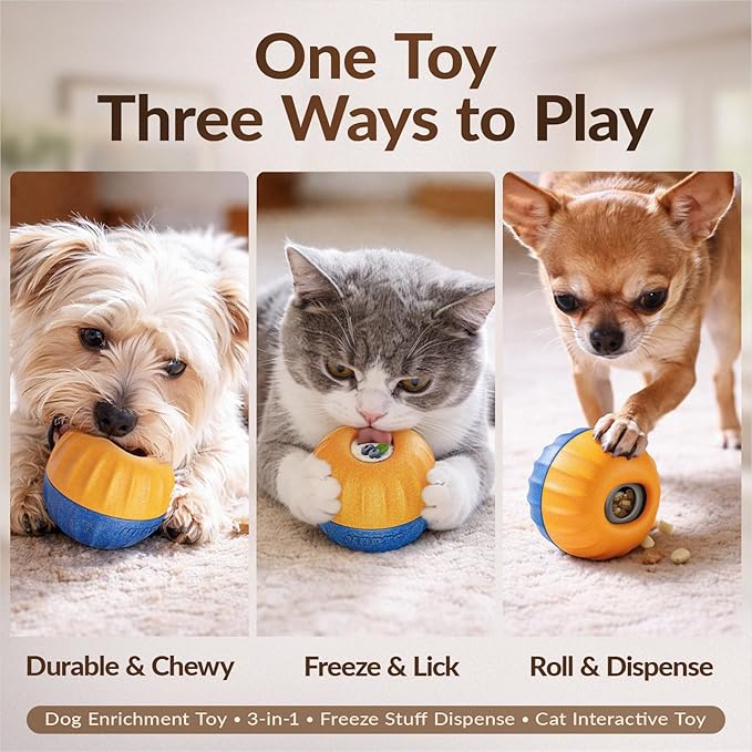 KADTC S Size 3-in-1 FrostLick Frozen Treat Ball & Treat Dispensing & Tough Chew Toy, No-Transfer Fill & Freeze Lick Cup, for Small Pup Mini Dogs and Cats