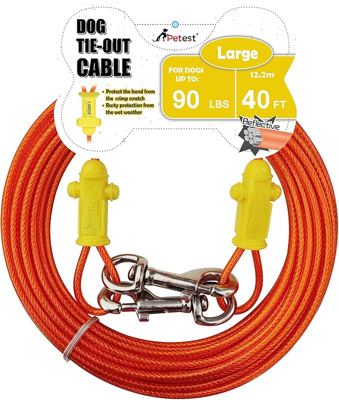 Petest Reflective Tie Out Cable with Crimp Cover for Large Dogs Up to 90 Pounds, 40 Feet