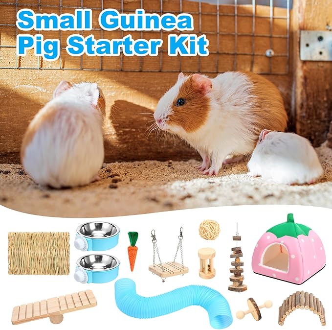 Youyole 13 Pcs Guinea Pig Starter Kit Hamster Toys Bed Guinea Pig Cage Accessories with Tunnel Grass Mats Pet Food Bowl for Christmas Chinchillas Hedgehogs Ferrets Rabbit Hideout Essentials(Pink)