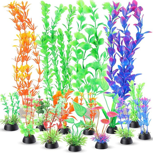 Ninsula Aquarium Plants 16P, Plastic Fish Tank Plants, Different Types Artificial Decor Aquarium Artificial Plastic Plants, Turtle Goldfish Betta Fish Tank Decor Set, Fish Decor for Tank (Colorful)
