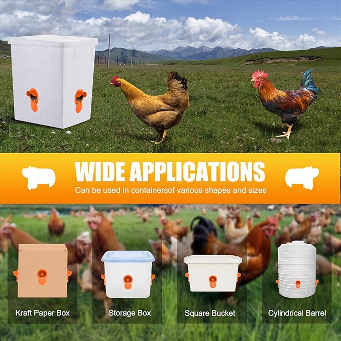 Chicken Feeder Port 12 Pack - No Waste DIY Poultry Feeding Kit with Stopper Lid & Hole Saw, Reusable Rain Proof Automatic Coop Gravity Feeder for Hens Ducks Geese (Orange)