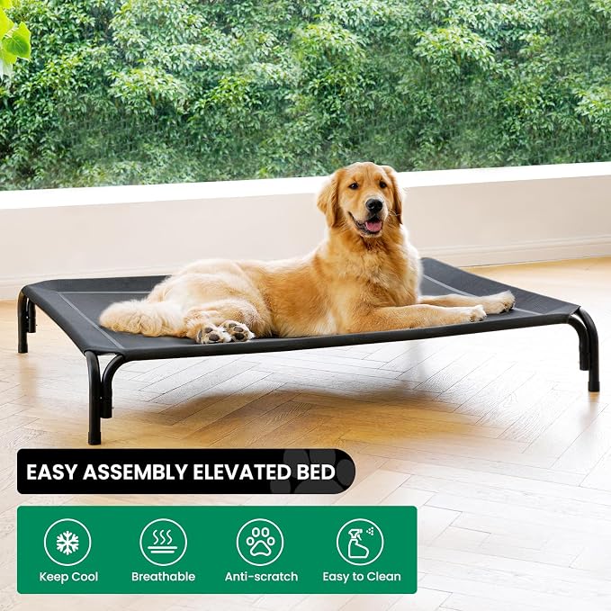 Elevated Dog Bed Raised Outdoor Dog Cot for Extra Large Dogs, Installation Requires No Tools, Frame with Washable Cooling Breathable Mesh Anti-Slip Feet, Indoor Pet Bed, Black, 53.9 Inches