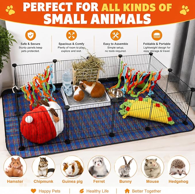 FHTONGE Large Guinea Pig Cage Habitat with 2 Pcs Waterproof Bedding, 8Sq Ft Guinea Pig Playpen with Mat, Metal Small Animal Playpen with Mat for Hamster Hedgehog Dwarf Rabbit (12 x Cage Panels)