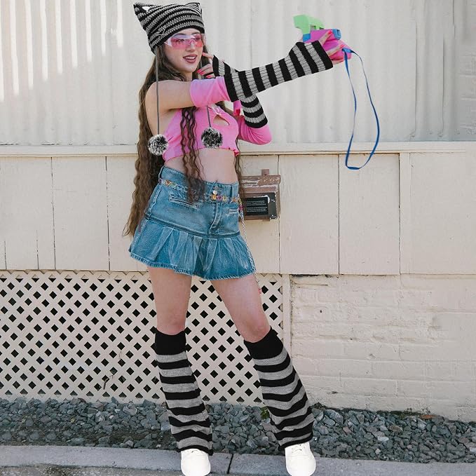 Y2k Beanie Cat Crochet Hats Cat Beanie Accessories with Kawaii Leg Cover for Women Girls