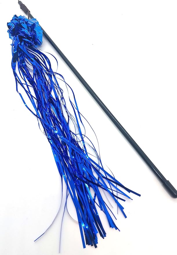 Kats'N Us 10 Inch Mylar Crinkle Ball with Tinsel Teaser Wand Cat Toy - Blue Sparkle, Crinkly, Hunting Instinct Play, Interactive Exercise Attachment for Indoor Cats