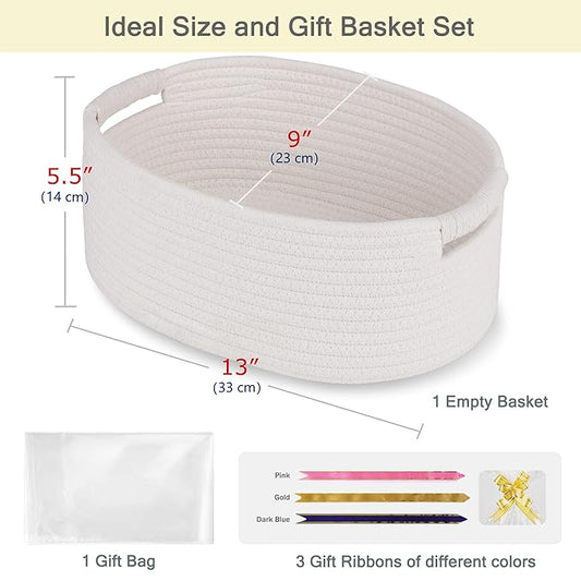 Small Woven Basket with Gift Bags and Ribbons, Empty Baby Gift Baskets for Kids Women Men, Shelf Storage, Small Cat Dog Pet Toy Boxes, 13”x 9”x 5.5”, White