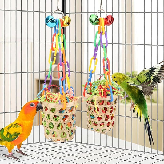 Wontee Bird Colorful Shredding Crinkles Foraging Toys Natural Sola Ball for Parrots Cockatiels Conures Budgies Senegal (Bamboo Basket (2 Pack))