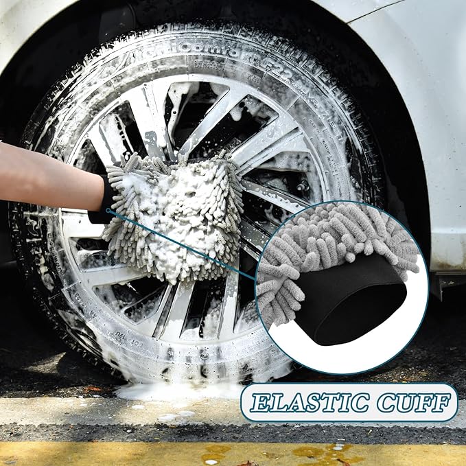Car Wash Mitt Microfiber Wash Mitts for Car Washing Scratch-Free Cleaning Gloves Soft Non Absorbent Chenille Auto Hand Mitt Medium 2Pack Halloween Witch Bats and Moonlight