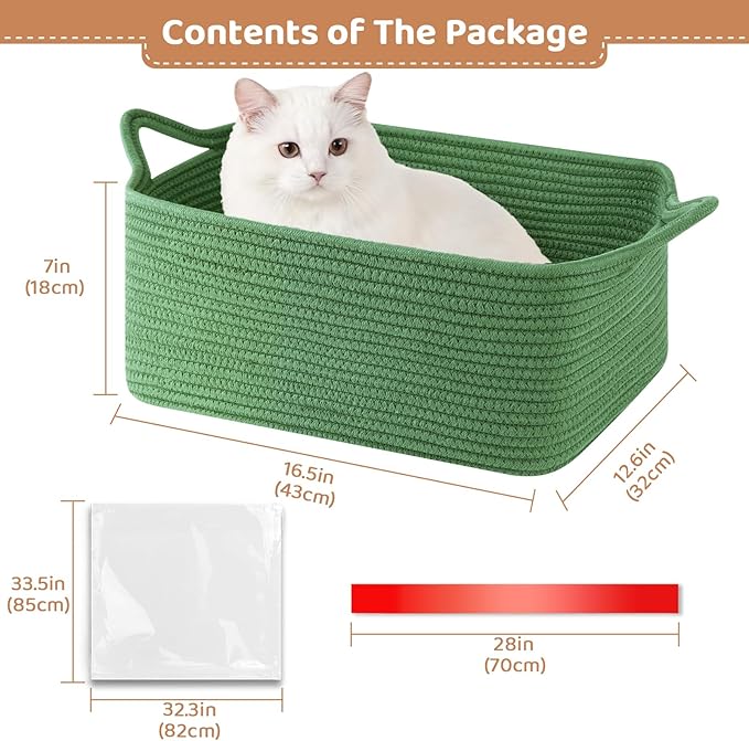 OIASKET Large Empty Gift Baskets for Baby Shower, 16.5" L x 12.6" W x 7" H Cute Woven Storage Basket with Gift Bags and Ribbons, Small Rope Toy Basket with Handles, Cat Dog Pet Toy Organizer - Green