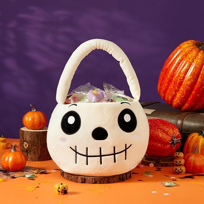 Halloween Plush Treat Basket, Halloween Candy Basket, Trick-or-Treat Bag(White Skull)
