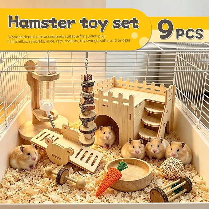Hamster Cage Accessories, Hamster Toys, Wooden Maze House, Water Bottle with Stand, Feeding Bowl, Suitable for Hamsters, Mice and Other Small Animals Habitats