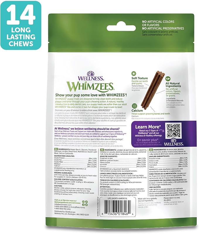 Wellness WHIMZEES Puppy Dog Dental Treat, Chews, Freshens Breath, Medium/Large Size, 7.9 oz Bag, 14 Count