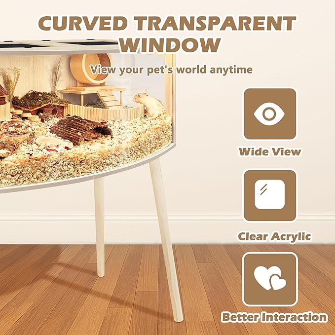 PROLEE Hamster Cage with Curved Design, Chew Proof Wooden Hamsters Enclosure with Leg Stand and Openable Top for Gerbils, Hamster Habitat (48"x20"x20")