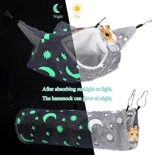 Mogoko Noctilucent Luminous Grey Guinea Pig Rat Hammock Bunkbed Hanging Tunnel and Soft Bed Mat for Ferret Hedgehog Squirrel Hideout Cage Accessories (Tunnel and Bunkbed Hammock)