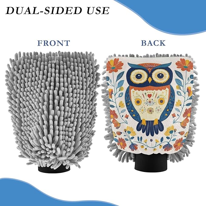 Car Wash Mitt Microfiber Wash Mitts for Car Washing Scratch-Free Cleaning Gloves Soft Non Absorbent Chenille Auto Hand Mitt Medium 2Pack Folk Owl