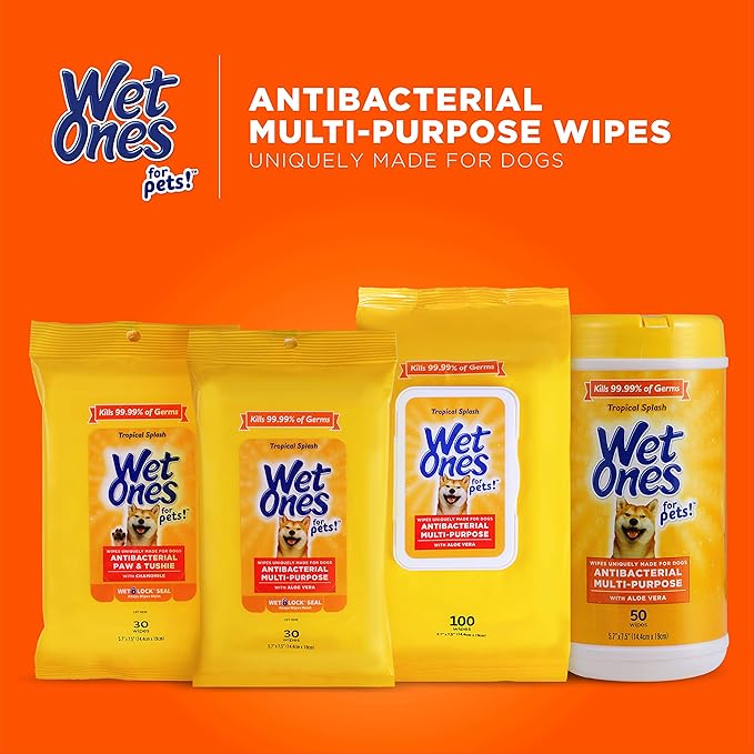 Wet Ones for Pets Paw and Tushie Dog Wipes with Chamomile, Tropical Splash Scent - Cleansing Grooming Wipes for Dog Paws and Butt Between Baths, Wet Lock Seal, 30 Count - 8 Pack