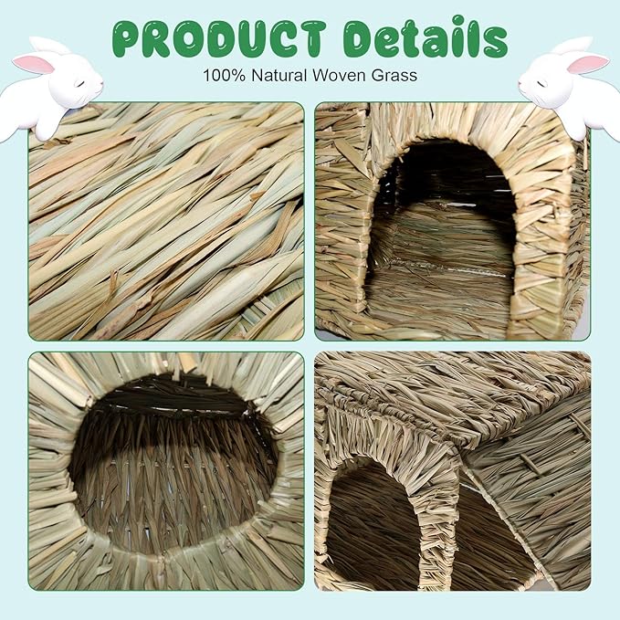 BWOGUE Extra Large Grass House for Rabbits,Hand Crafted Natural Grass Hideaway Foldable Bed Hut with Openings Playhouse for Bunny Guinea Pig Chinchilla Ferret for Play and Sleep