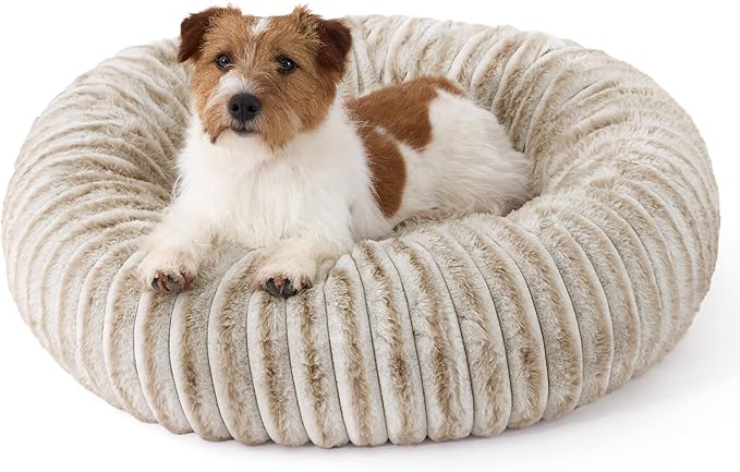 Bedsure ComfyFleece™ Donut Medium Dog Bed - Washable Faux Fur with Corduroy Fleece & Anti Slip Bottom, Round Pet Bed with Removable Cover, Amphora, 30x30x8 inches