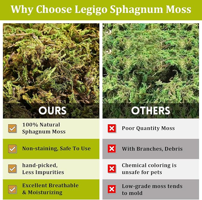 Legigo 14 OZ Sphagnum Moss for Reptile- 16 QT Natural Reptile Moss Terrarium Moss Substrate, Snake Tank Moss Peat Moss Reptile Bedding for Snake, Gecko, Ball Python, Frog and Orchids Plants