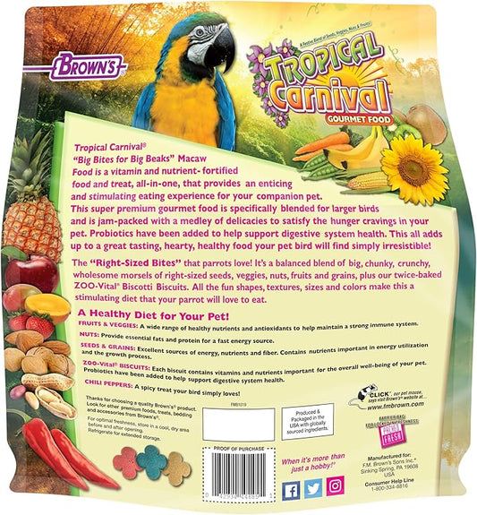 F.M. Brown's Tropical Carnival, Gourmet Macaw Food Big Bites for Big Beaks, Vitamin-Nutrient Fortified Daily Diet with Probiotics for Digestive Health, 5 lb