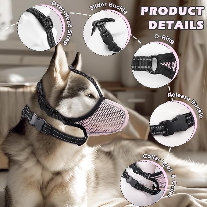 Dog Muzzle,Mesh Soft Muzzle for Small Medium Large Sized Dogs, Breathable Reflective Adjustable Puppy Muzzles with Collar for Scavenging Grooming Biting Chewing,Allows Panting and Drinking(Pink L)