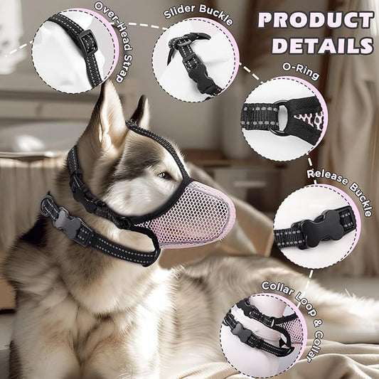 Dog Muzzle,Mesh Soft Muzzle for Small Medium Large Sized Dogs, Breathable Reflective Adjustable Puppy Muzzles with Collar for Scavenging Grooming Biting Chewing,Allows Panting and Drinking(Pink XL)