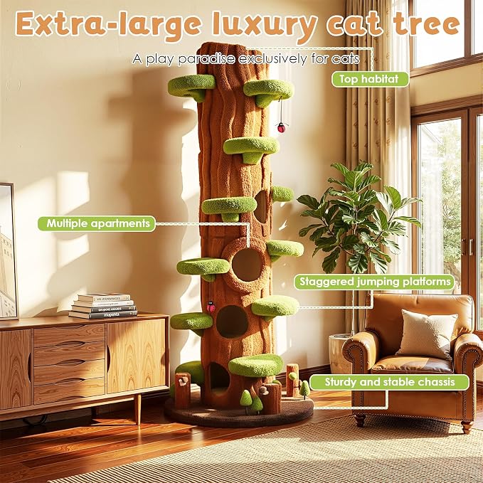 NUNU LAB Large Cat Tree for Indoor Cats – Multi-Level Solid Wood cat Tree Tower with Sisal Scratching Posts, Jumping Platforms, Plush Perches & Spring Toys for Multi-Cat Homes