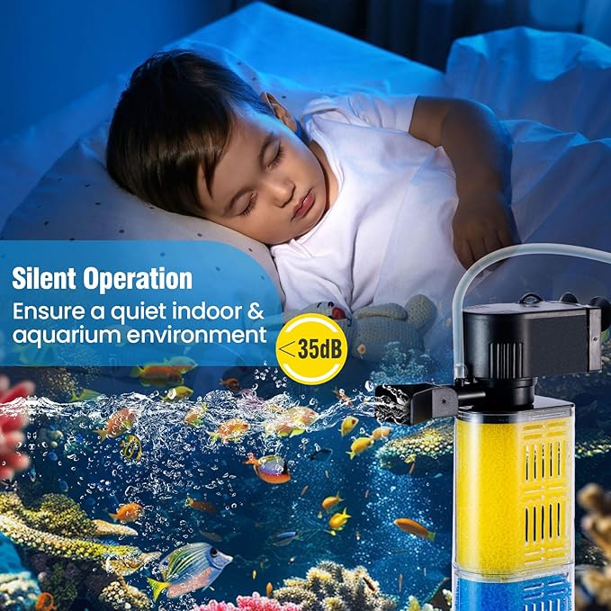 Fish Tank Filter, Ultra Quiet 400GPH Submersible Sponge Filter for 30~100 Gallon Aquariums – Easy-Clean Bio Sponge, Crystal Clear Water, Powerful Pump, Adjustable Airflow for Fish & Turtle Tanks