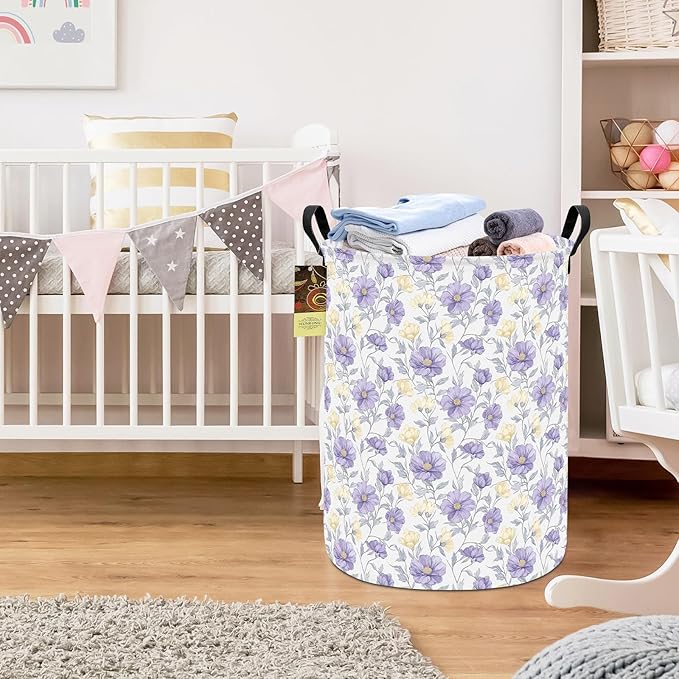 Collapsible Fabric Storage Basket, Waterproof Laundry Hamper with Handles, Round Storage Bin for Clothes Toys, Foldable Organizer for Bedroom Nursery Bathroom(Round-Purple Flowers)