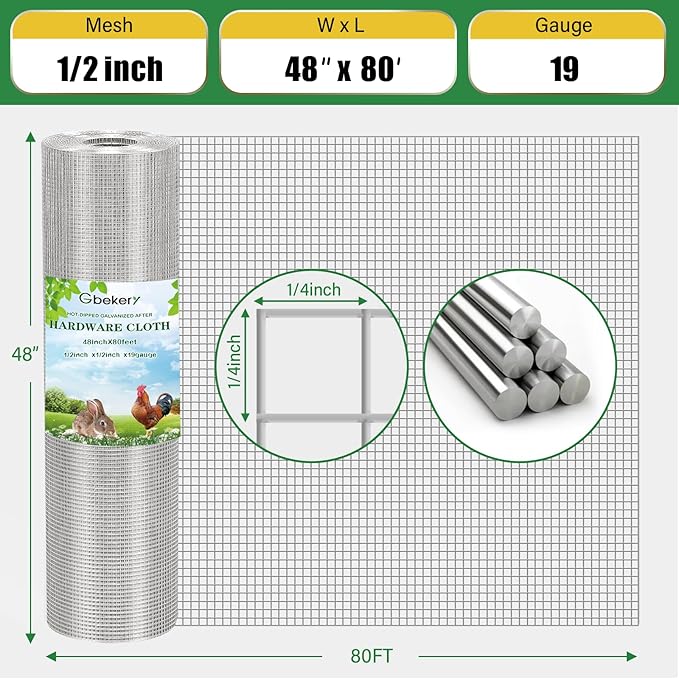 Gbekery Hardware Cloth 1/2 inch 48in x 80ft 19 Gauge, Hot-dip Galvanized After Welding Chicken Wire Fence Roll Garden Plant Welded Metal Wire Fencing Roll, Rabbit Cages Snake Fence