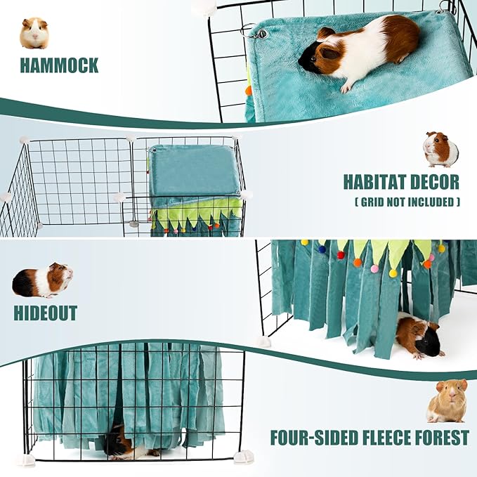 Guinea Pig Hideout - Guinea Pig Corner Hideout, Four-Sided Fringes, Square Top and Washable Hides, Ideal Hides for Small Pets, No Metal Fences, Green