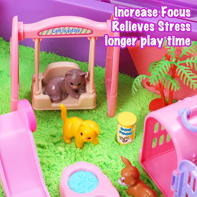 Carolart Pet Sensory bin,Dog and Cat Sandbox for Kids,Kids Play Sand Kit,Pet Play Set with Sensory Sand,Pet Care Play Set,Role Pretend Play Beach Toy Birthday Gift for Girls Boys 3 4 5 6 Years Old