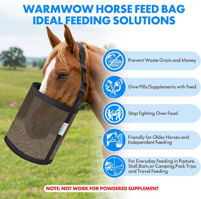Horse Feed Bag Pack of 2 (Reinforced Bottom Edging), Feed Bags for Horses with Ventilation Mesh, Comfort Nose Pad Neck Pad, Adjustable Strap, Spill Proof Design for Feeding Grain, Supplements