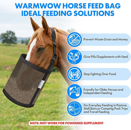 Horse Feed Bag Pack of 2 (Reinforced Bottom Edging), Feed Bags for Horses with Ventilation Mesh, Comfort Nose Pad Neck Pad, Adjustable Strap, Spill Proof Design for Feeding Grain, Supplements