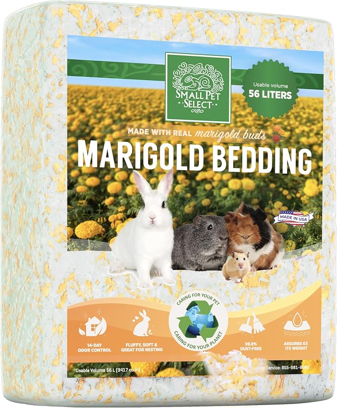 Small Pet Select Marigold Bedding, Paper Bedding with Real Marigold, Soft Animal Bedding with Odor Control for Guinea Pig, Rabbit, Hamster, or Bunny, Cage Accessories, Made in USA, 56L