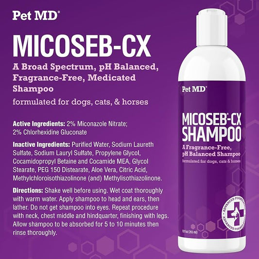 Pet MD Micoseb-CX Topical Shampoo for Dogs, Cats, & Horses - 12oz | with Miconazole