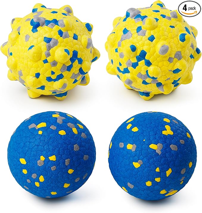 Moonorange Dog Tennis Balls for Aggressive Chewers, Indestructible Durable Bouncy Interactive Toy for Dogs Fetch Game Lightweight Floating Outdoor Training(2 Yellow Point+ 2 Blue Cirle Medium)