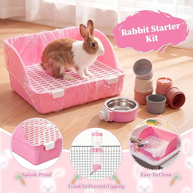 34 Pcs Rabbit Starter Kit Rabbit Litter Box Small Animal Water Bottle Cups Bunny Tunnels Animal Grooming Kit Bowl Blanket with Cleaning Set for Guinea Pig Bunny Accessories (Style 2,Pink)