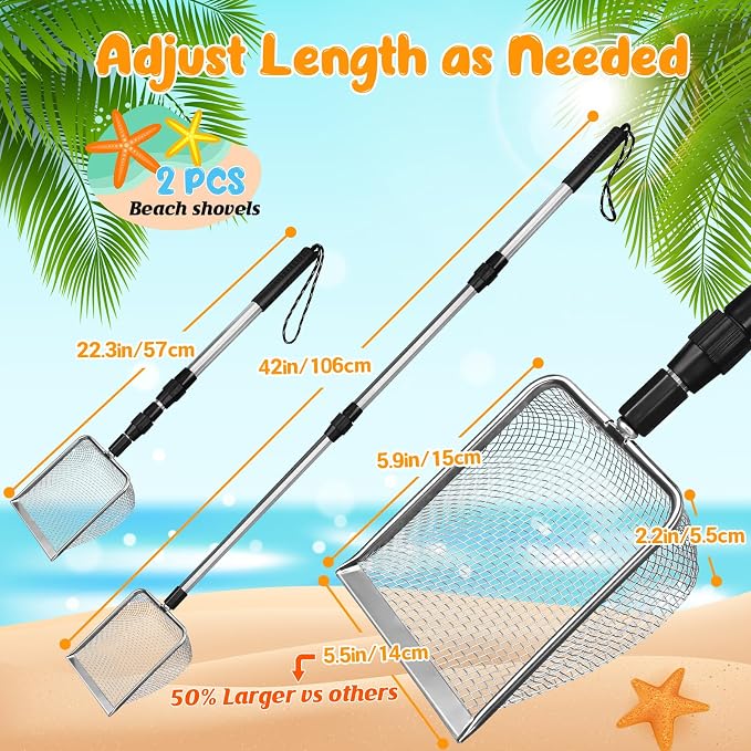 2 PCS Beach Mesh Shovel Sand Sifters, Enlarged Shark Tooth Sifter | [50% Larger Size] Extendable Handle Superior Quality for Summer Shell Collecting, Filter Sand Scooper Tools for Kids Adults