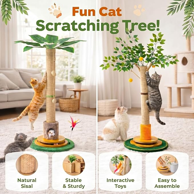Nuanchu 45in Tall Cat Scratching Post for Indoor Cats Adults, Scratcher Tree Tower with Sisal Rope, Large Cats Scratching Posts with Hanging Ball for Kittens and Medium Large Pet