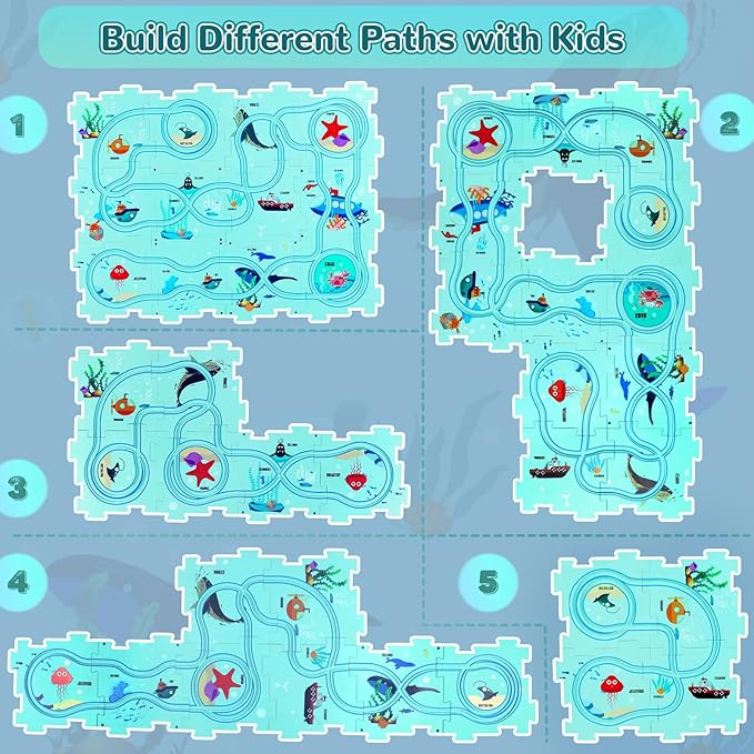 Puzzle Track Car Play Set, Plastic Puzzles for Kids Ages 3-5 with Vehicles, Electric Trolley Puzzle, Car Tracks for Toddlers, Toys Gifts for 3 4 5 6 Year Old Boys Girls