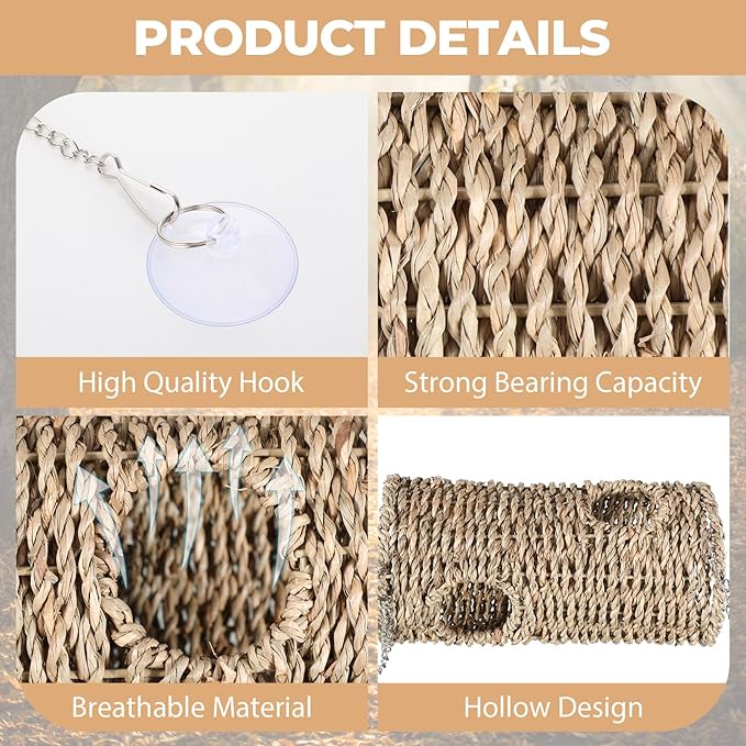 CroBlissful Reptile Hide Cave Hollow Cave Hideout with 2 Pcs Suction Cup and Chain Gecko Hide Reptile Tank Decor Seagrass Fiber Climbing Toy for Lizard Snake Hermit Crab(Long Cylindrical,Pale Yellow)
