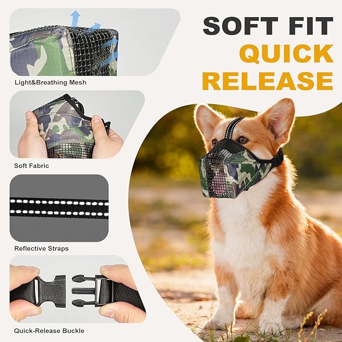 Mesh Dog Muzzle, Breathable Soft Dog Muzzle with Reflective Straps for Secure Fit, Prevents Biting, Chewing Scavenging- Adjustable for Small Medium Large Dogs,Camo,L