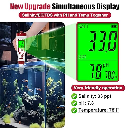 Aquarium Salinity pH Meter,Digital Pool Salt Tester,Simultaneously Display 5 in 1 PPM pH EC Reader Water Quality Tester for Pool, Aquaponics,Koi Pond, Coral Reef Tank