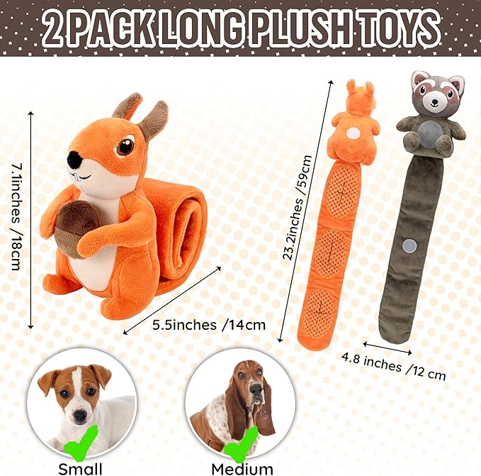LECHONG 2-Pack Plush Squeaky Dog Toys, 23-Inch Snuffle Puzzle Tug of War Toy with Roll-Up Treat-Hiding Crinkle Tail, Enrichment Toys for Small & Medium Dogs to Relieve Boredom & Mental Stimulation