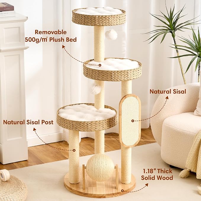 HITTITE Modern Cat Tree Tower with Scratching Post, 47 Inches Tall Cat Towers with Scratching Ball & Pad, Multi-Level Cat Tree with Rattan Bed and Removable Cushions for Indoor Cats Large Adult.