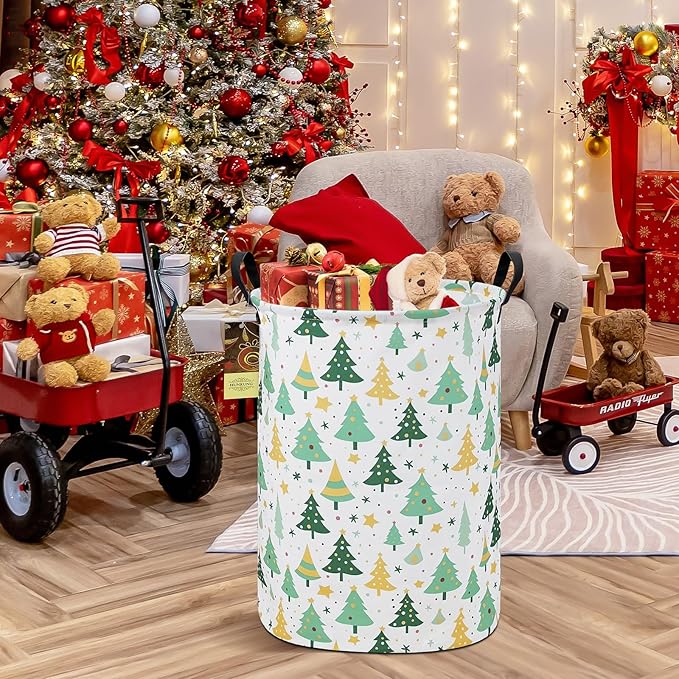 Collapsible Fabric Storage Basket, Waterproof Laundry Hamper with Handles, Round Storage Bin for Clothes Toys, Foldable Organizer for Bedroom Nursery Bathroom(Round-Christmas tree)