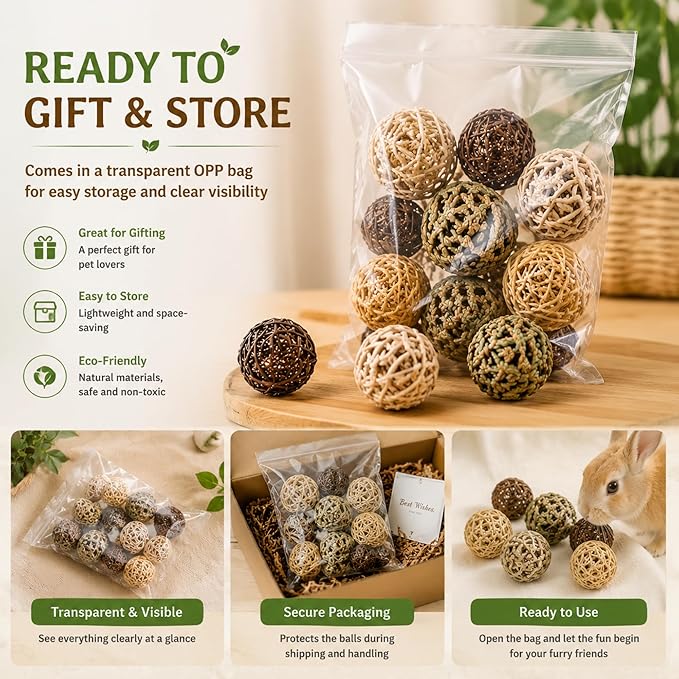 Skylety 15 Pieces Bunny Chew Balls for Rabbits, Small Animal Rolling Grass Toys and Treats for Guinea Pigs, Chinchillas, Hamsters, Mice, Teeth Grinding, Gnawing and Play(Classic Style,1.97")